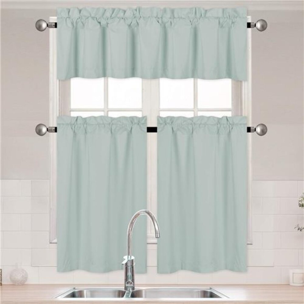 3 Pieces Solid Color Kitchen Curtain Set Tier and Valence with Rod Pocket